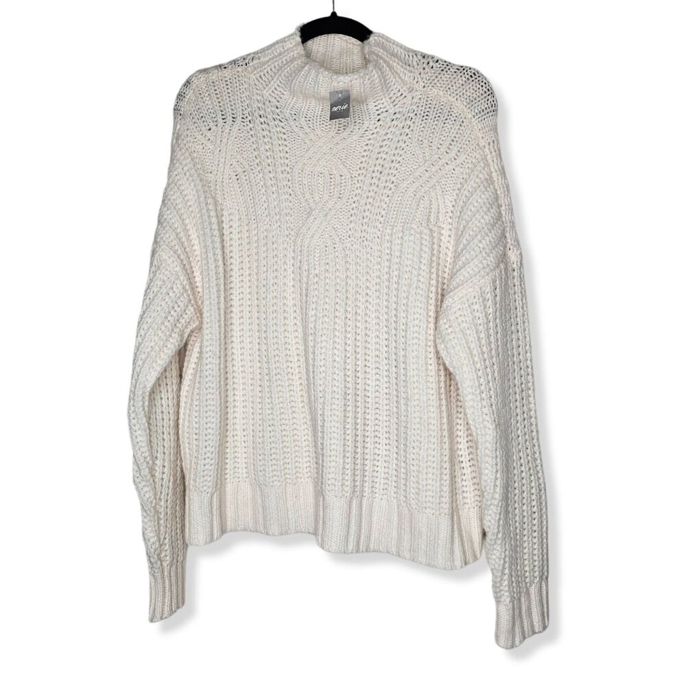 ❤️Aerie S Cream Sweater Chunky Cable Knit Oversized Western Fisherman Coquette